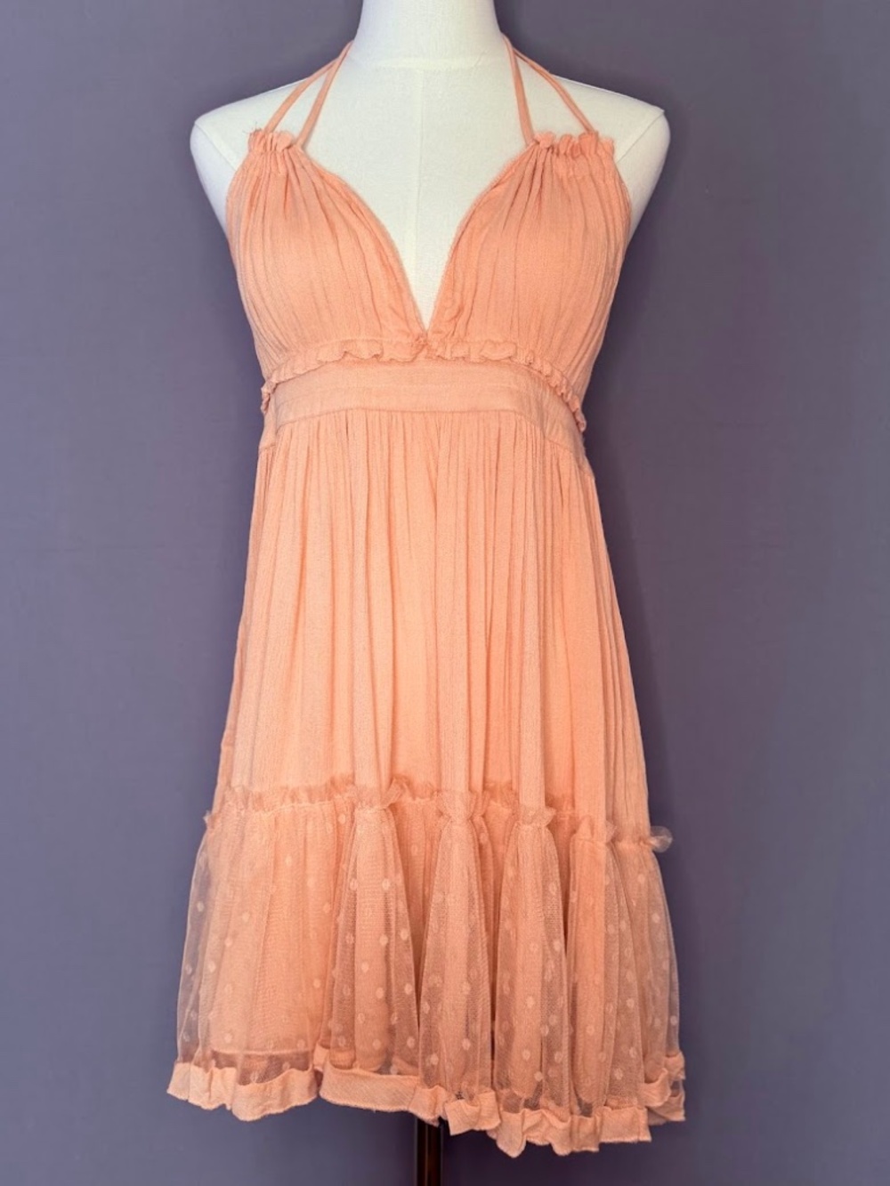 R. Vivimos Peach Halter Open Back Mini Dress Women’s Small Boho Festival